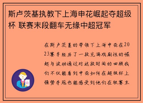 斯卢茨基执教下上海申花崛起夺超级杯 联赛末段翻车无缘中超冠军